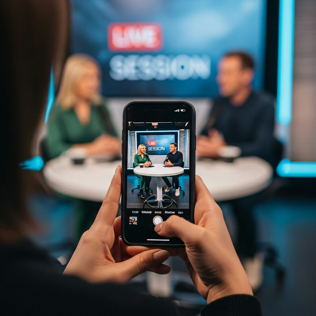 Entrevista en estudio de streaming con dos personas